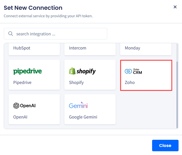 Screenshot of the Zoho selection
