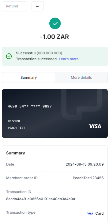 Refund in Peach Payments Dashboard.