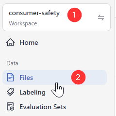 The left hand navigation with the workspace name numbered as 1 and the files option numbered as 2
