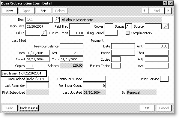 The Dues/Subscription Item Detail window displays the Last Issue: number and print date. (This field is stored in Activity.ISSUE_PRINT).