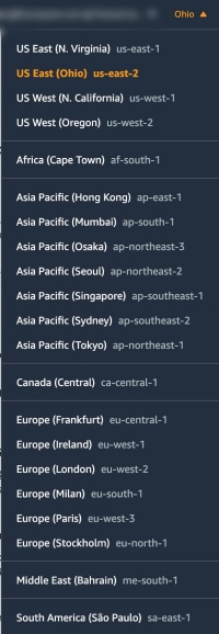 AWS region drop down.