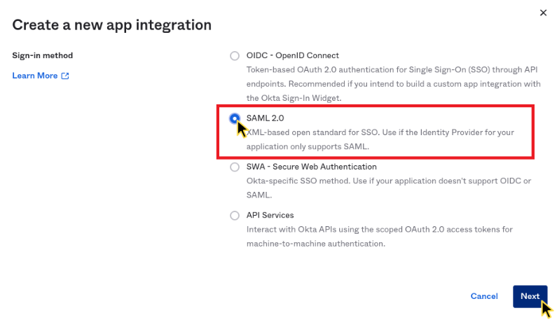 Okta Create new app integration dialog with SAML 2.0 option selected.