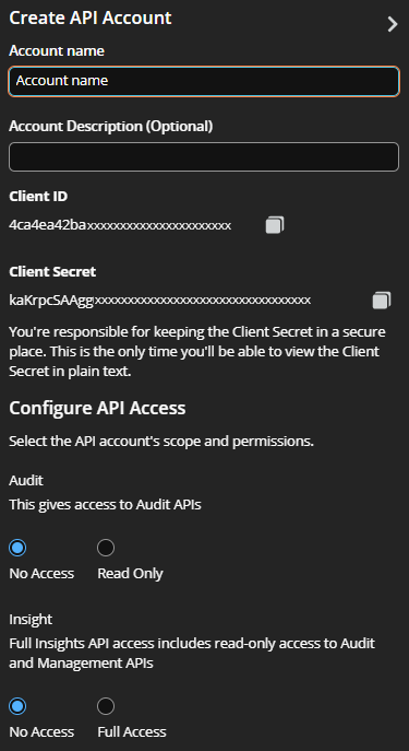 Settings to create an API account