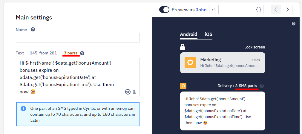 SMS preview without test data: 3 parts