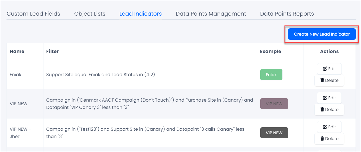 Screenshot of creating a lead indicator