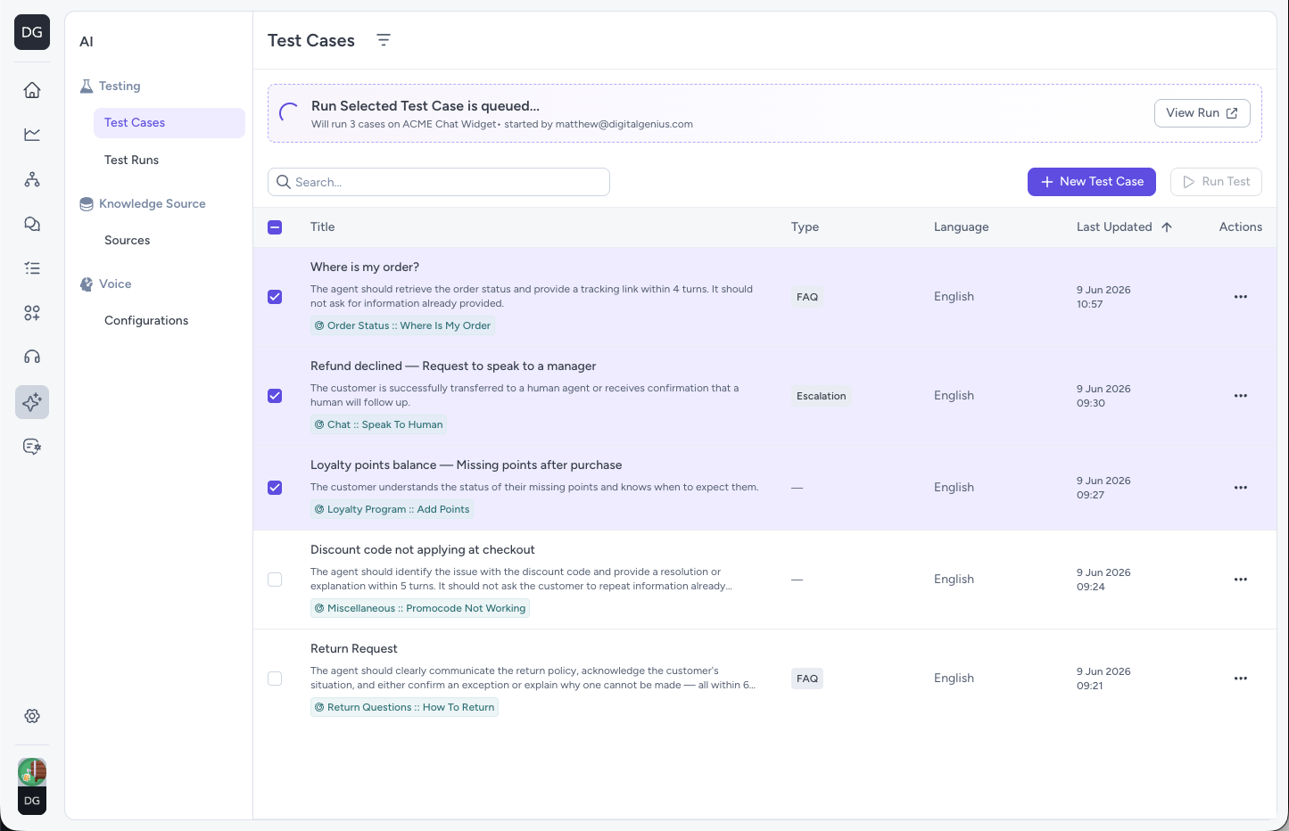 Last Run banner on the Test Cases page showing a test run in progress