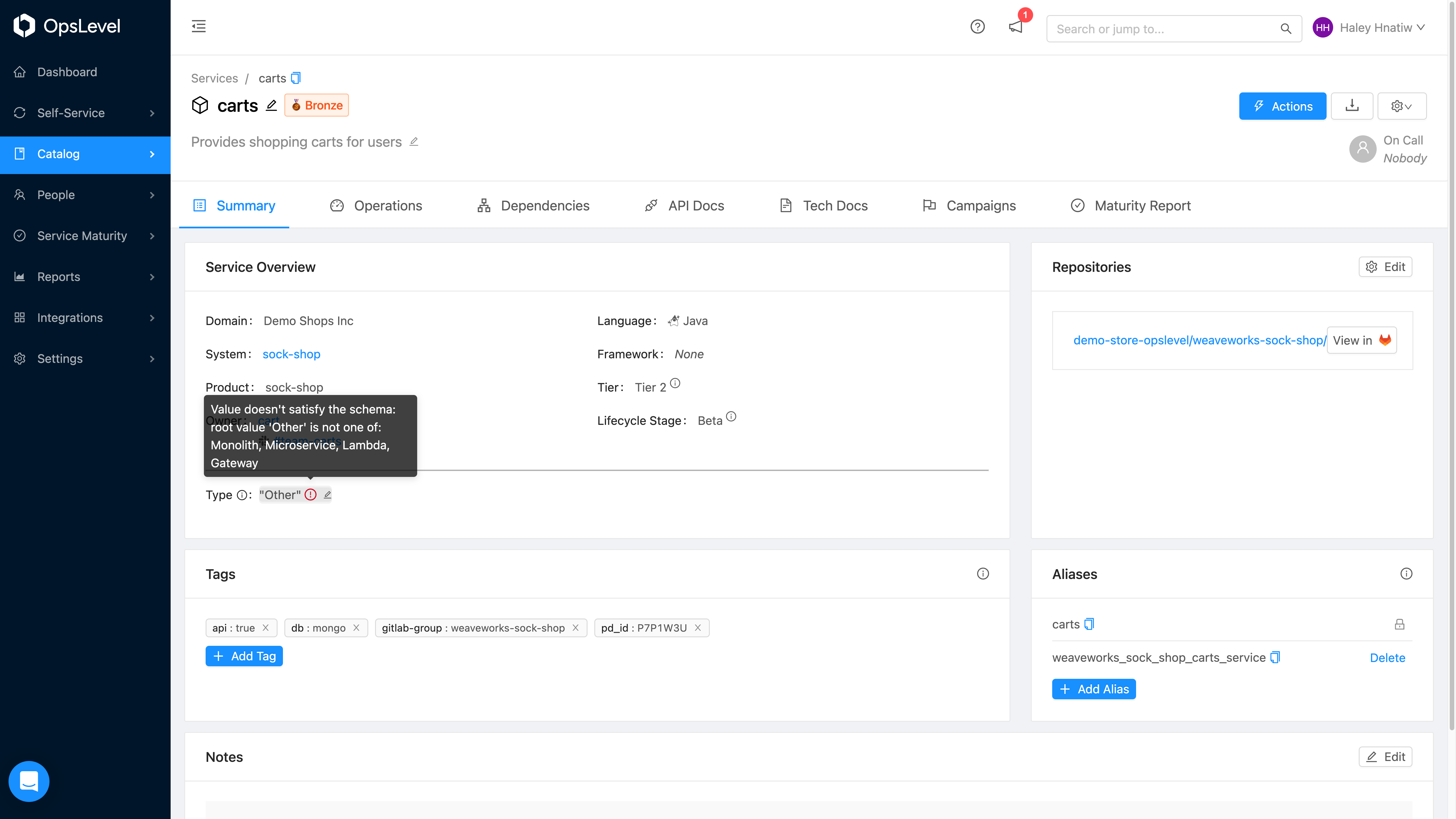 Showing property with invalid data assigned.