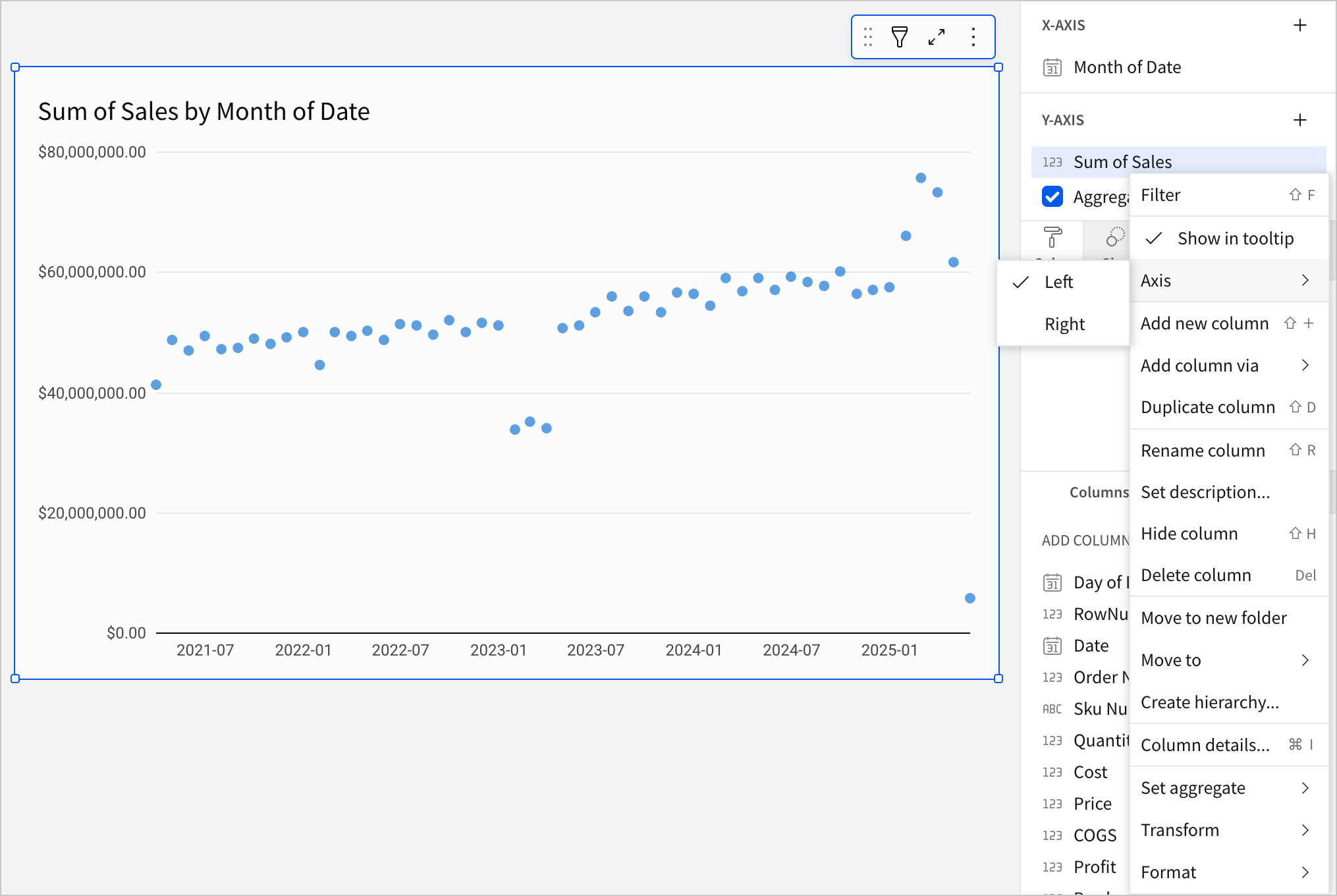 Column menu open for y-axis column, Sum of Dock Count, with an option to select an axis. The axis options have "Left" and "Right" alt text.