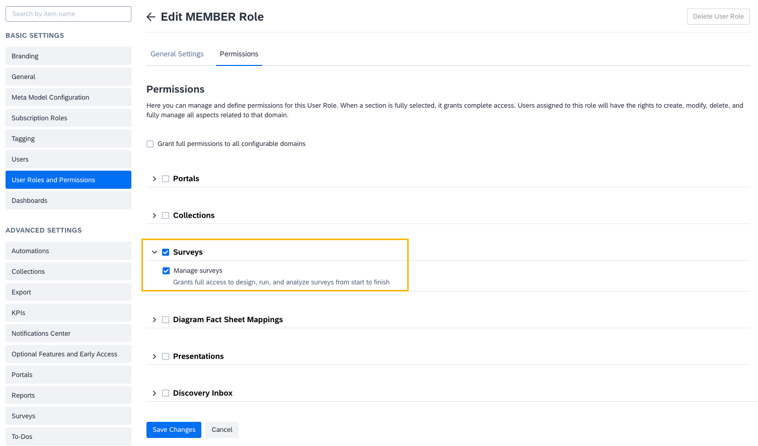 Configuring Survey Permissions for the Member Role