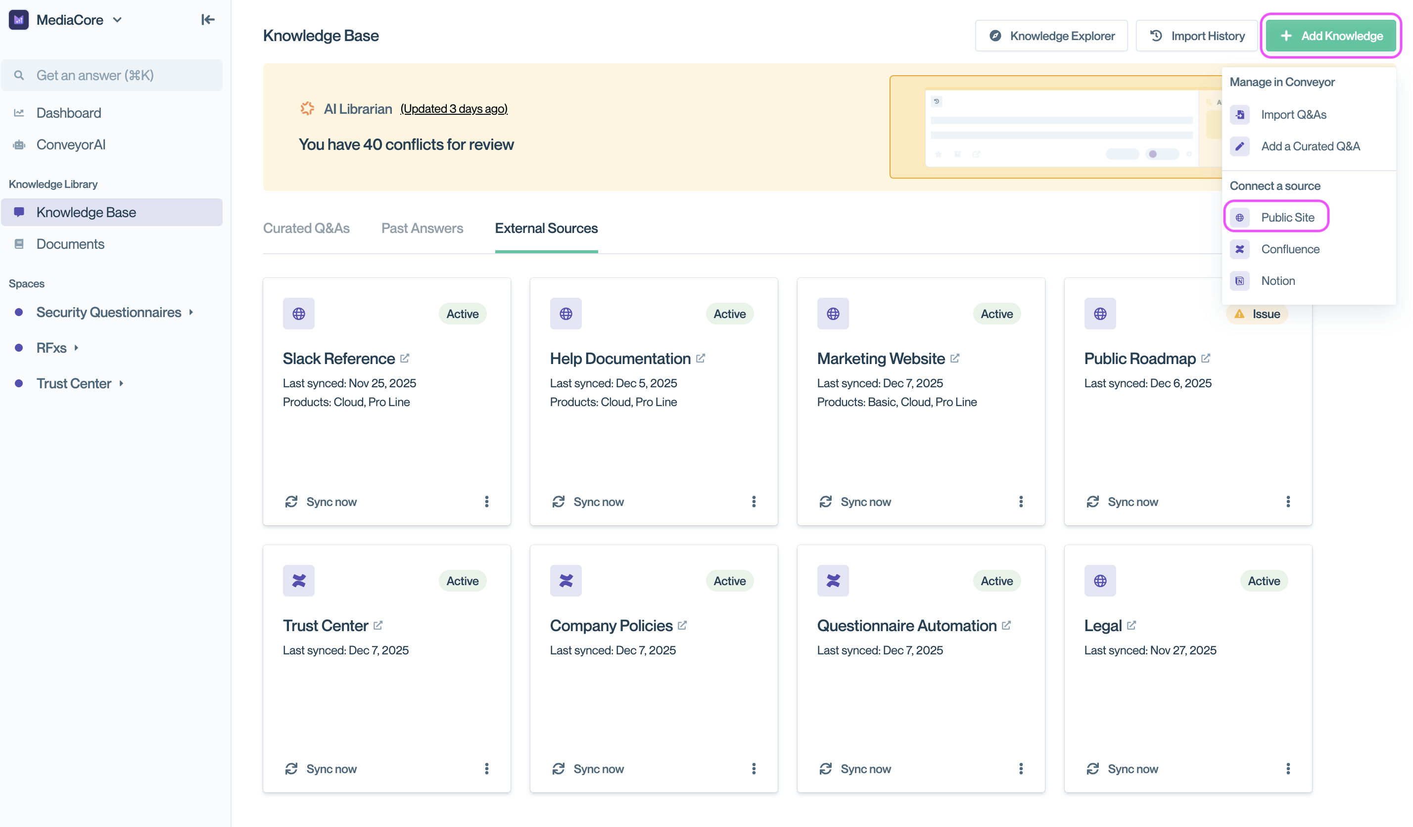 Knowledge Base navigation showing External Sources tab with Add Knowledge button
