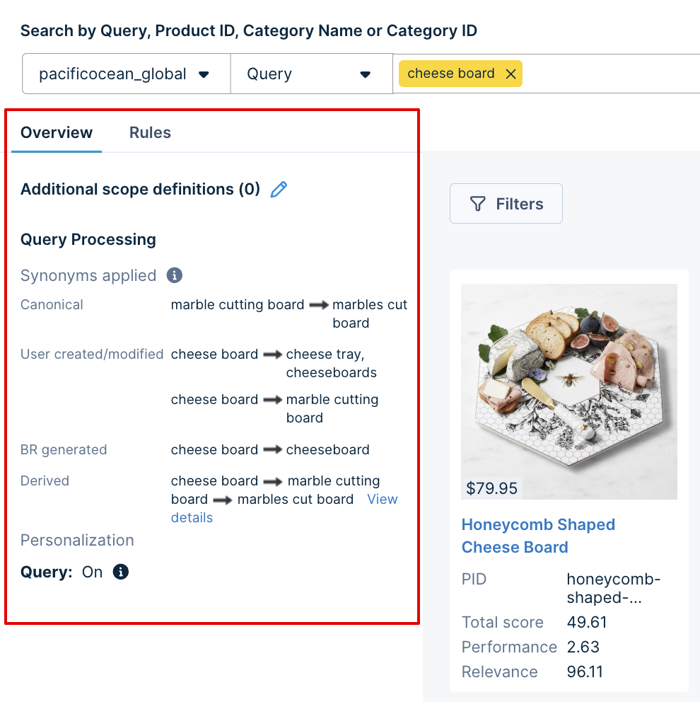 An example showing the query "cheese board" and the various query processing rules that may have affected it