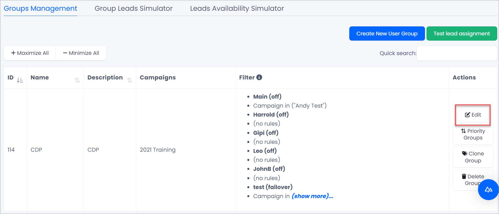 Screenshot of editing user groups