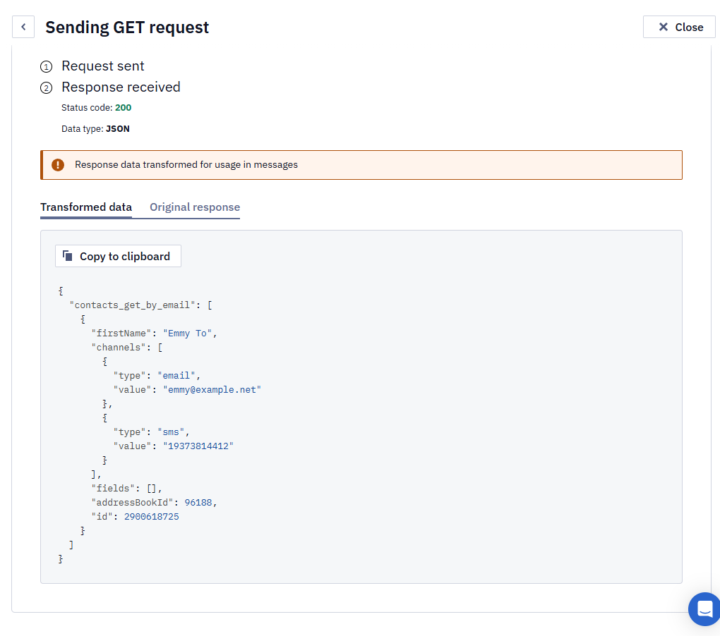 Sending GET request dialog showing a 200 response with a note that the response was transformed for use in messages, and the Transformed data tab showing the JSON result