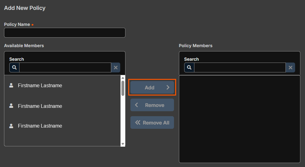Image of Add new policy screen, add members section. 
