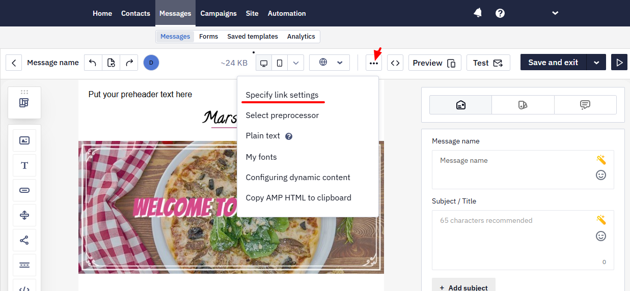 Three dots menu with Specify links settings option in the email editor
