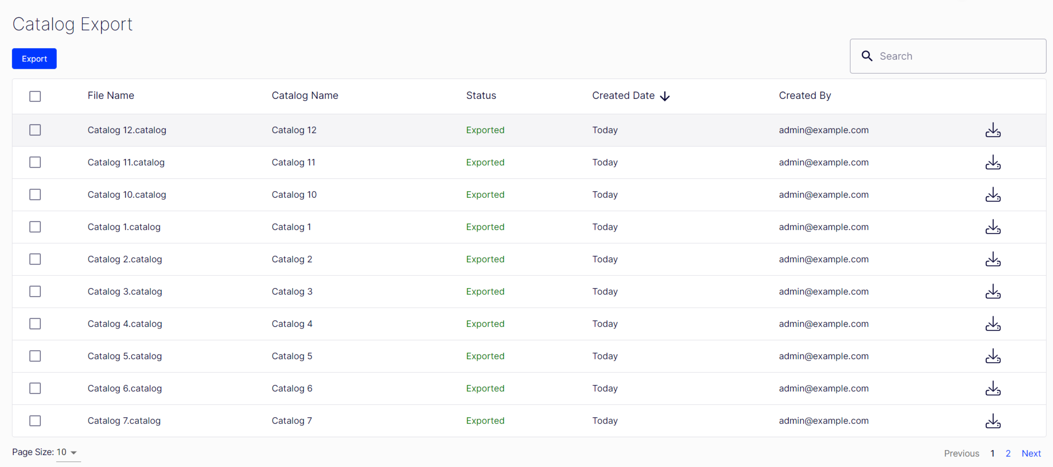 screenshot of the Catalog Export window listing previous export files with search, sort, and delete controls