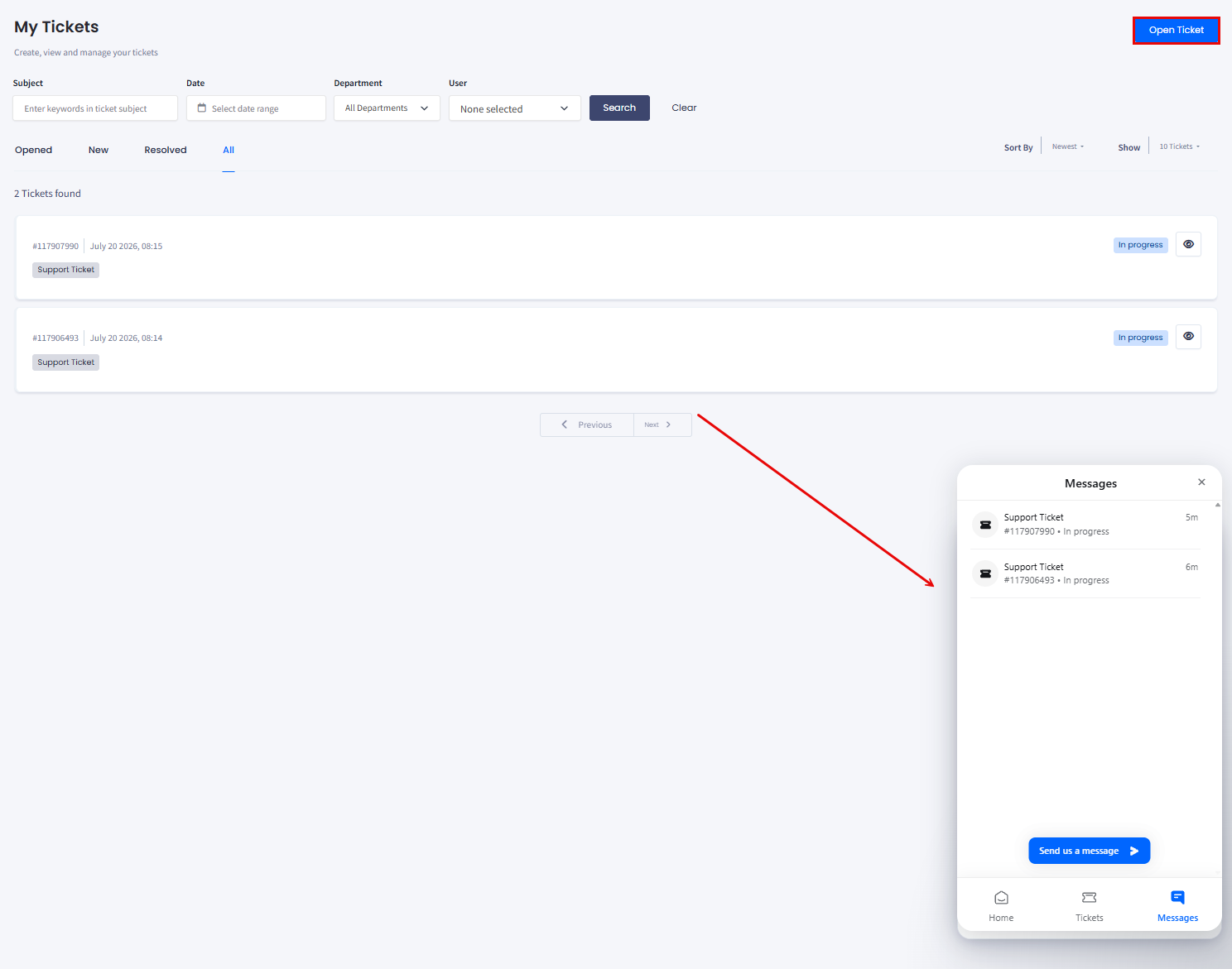 Screenshot of the options to open a new ticket