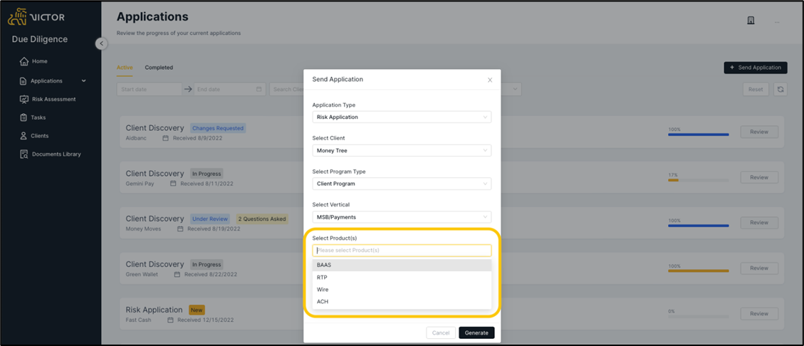 Figure 6. Send application modal - product section