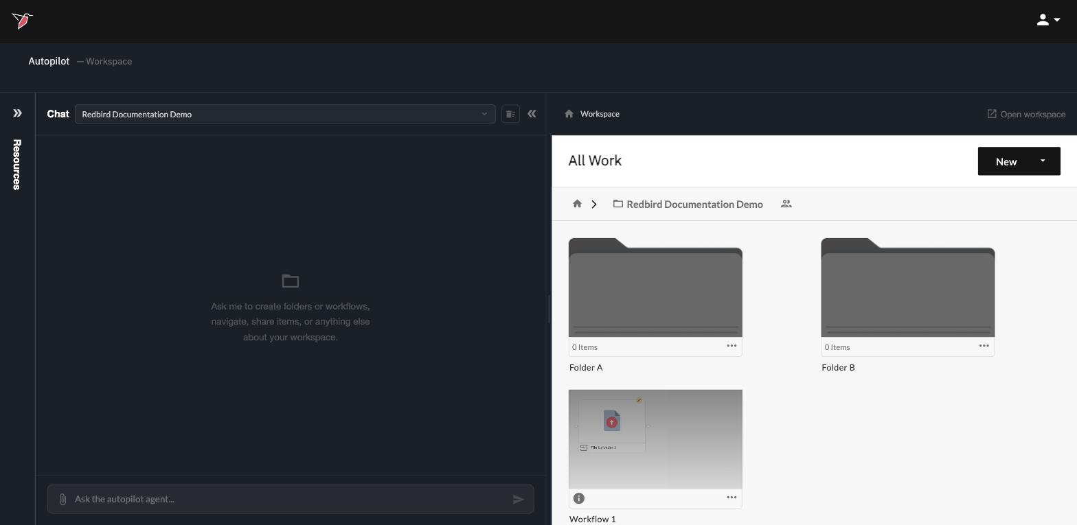 The Autopilot screen: the chat panel on the left, and your workspace with its folders and workflows on the right