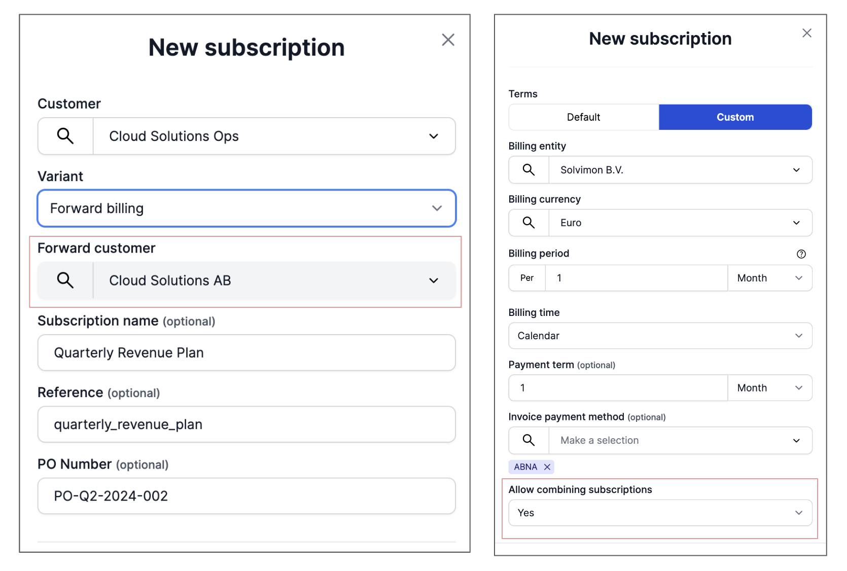 In a new subscription creation form, select variant and subscription terms