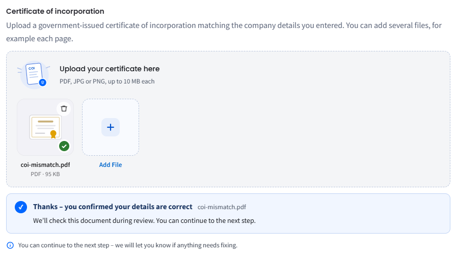 Screenshot of a certificate of incorporation after the user confirmed the details are correct
