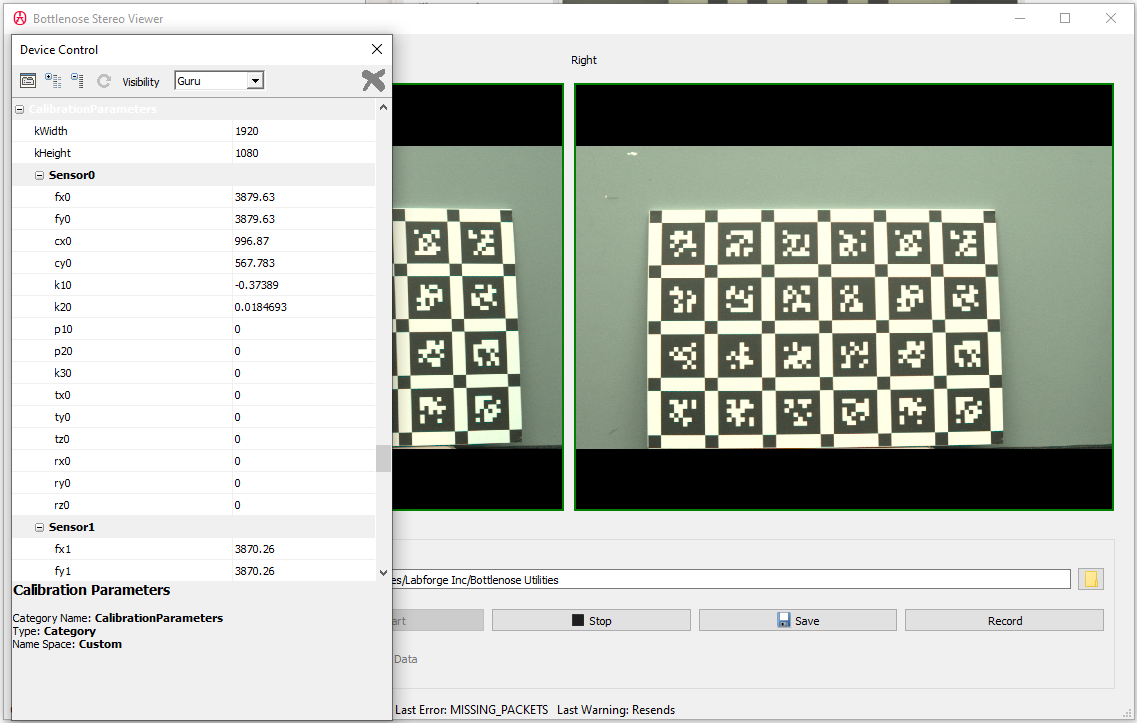 A screenshot of the calibration parameters available when using eBusPlayer.