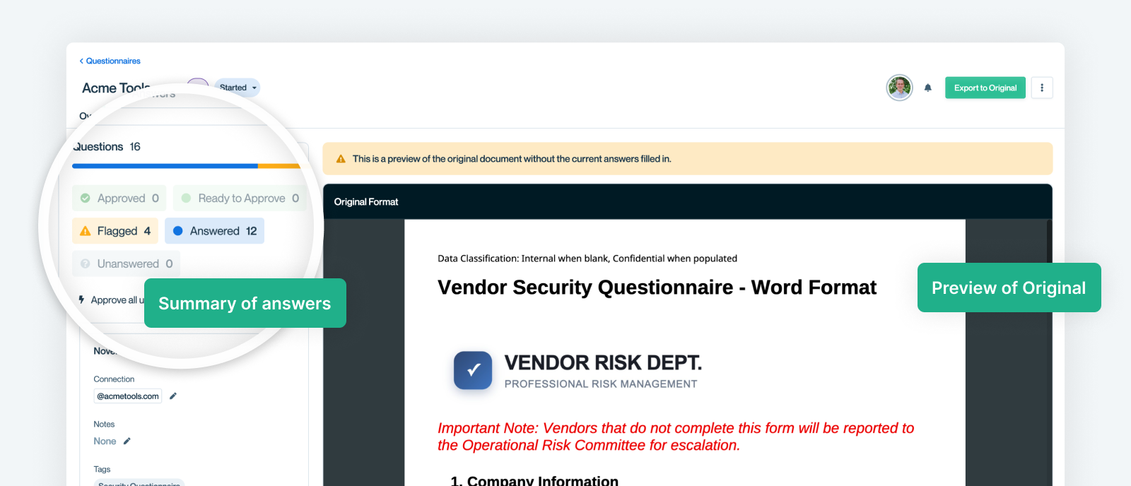 Overview shows answered counts and status.