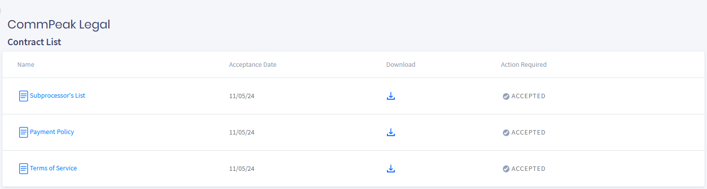 Screenshot of CommPeak Legal page
