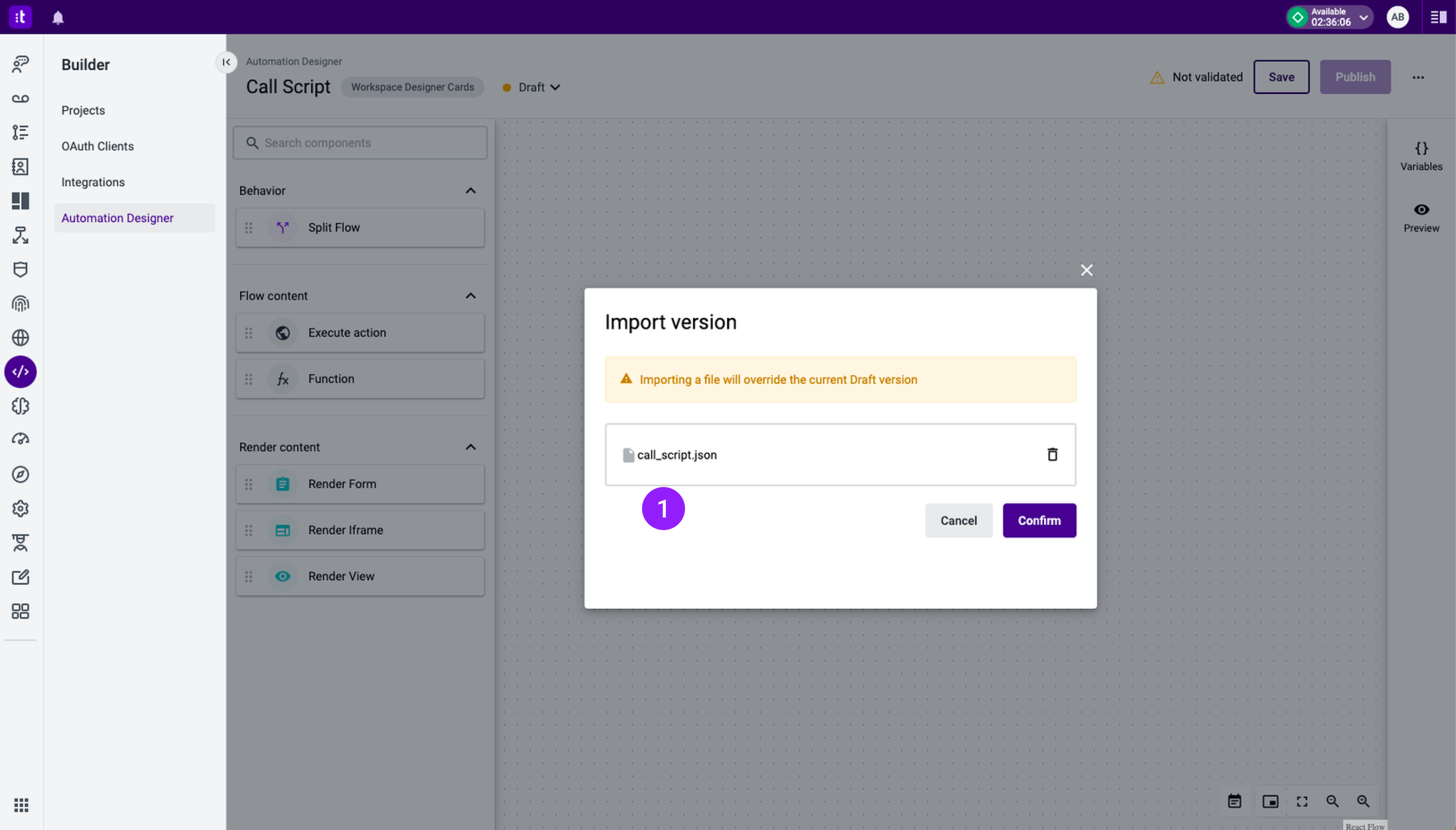 Figure 20 - Import version modal