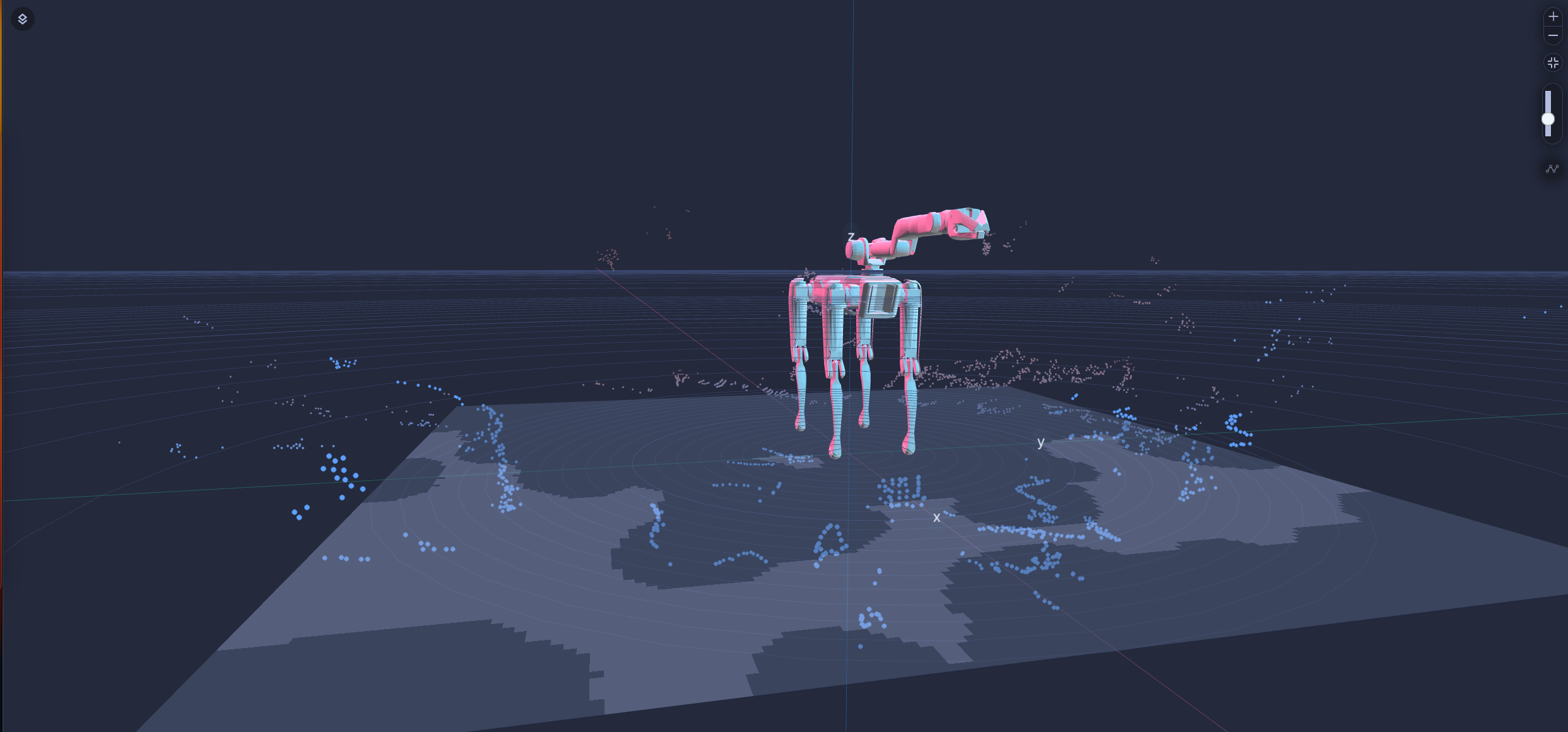 3D visualization of a robot URDF with point cloud data on a Cartesian coordinate system.