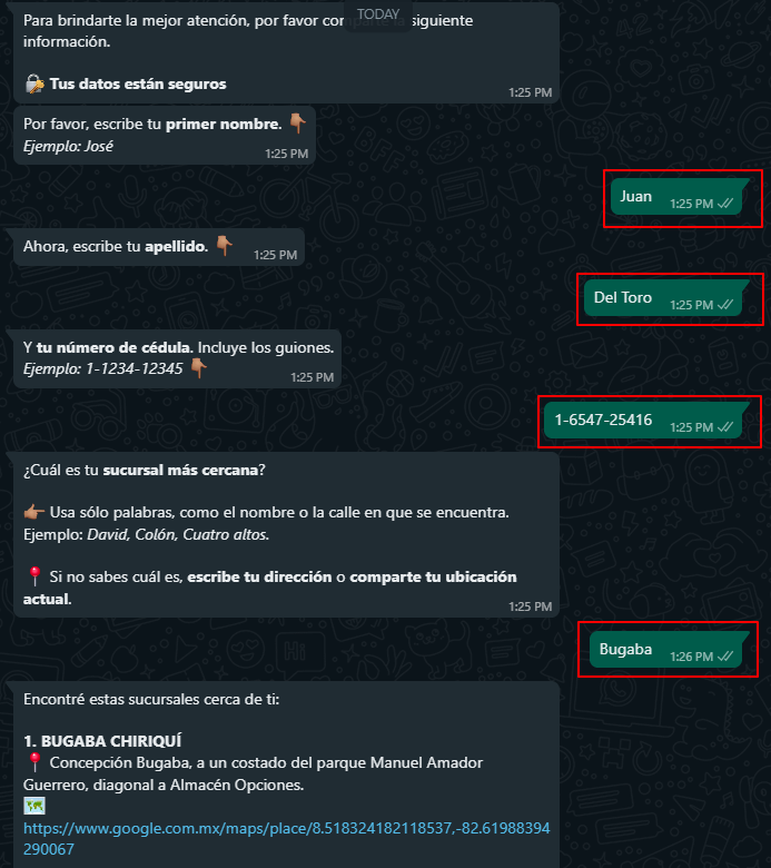 Example of a WhatsApp channel with information obtained from customers
click to enlarge