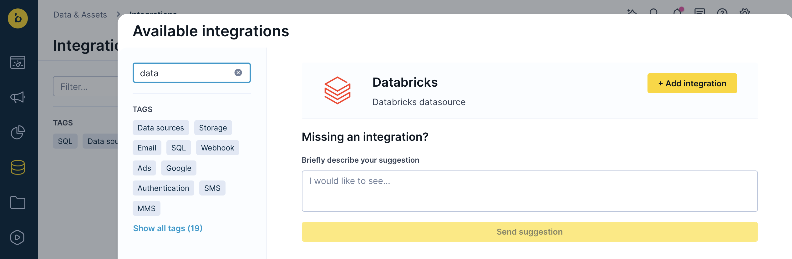 Available integrations dialog with Databricks entered in search box and Databricks Data Source integration highlighted