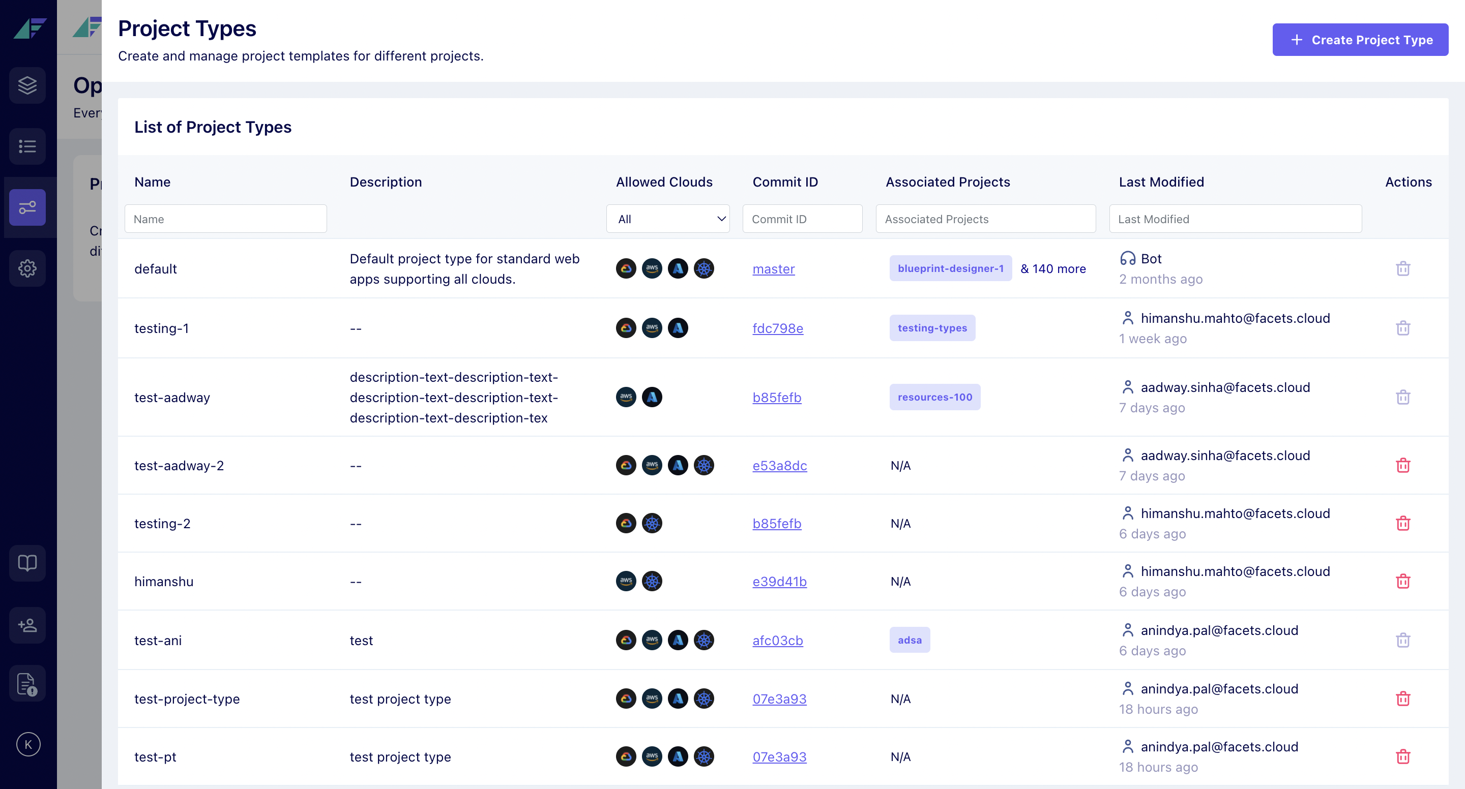 Project types page in Ops Center.