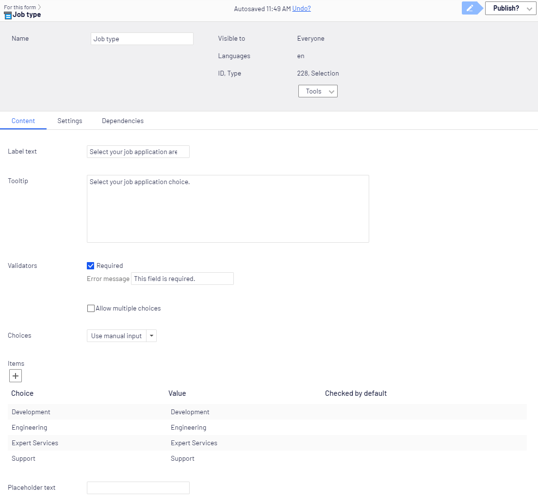 Screenshot of the Selection element Content tab with Label text, Tooltip, Validators, Choices, and Placeholder text fields where editors configure drop-down list options