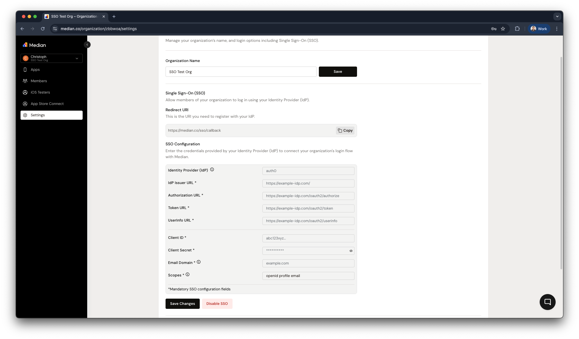 Median App Studio - SSO Configuration