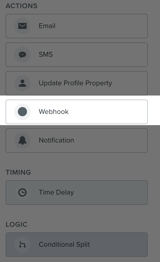 The Webhooks action in the flow builder, which you can drag and drop into any part of a flow