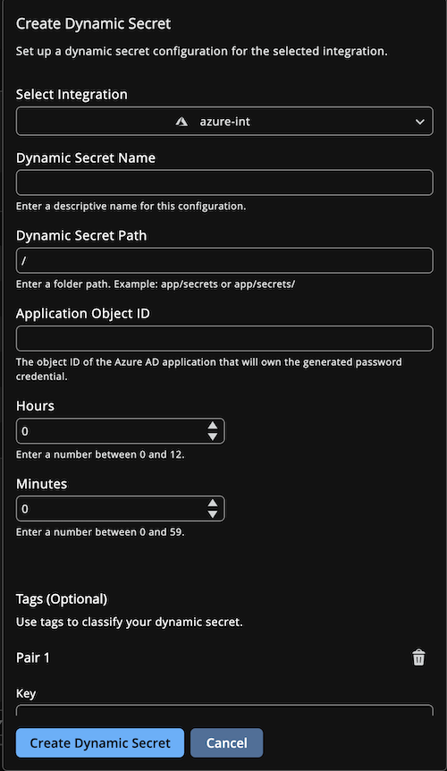 Create a Dynamic Secret panel with an Azure integration selected.