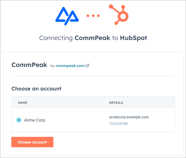 Screenshot with choosing account in HubSpot