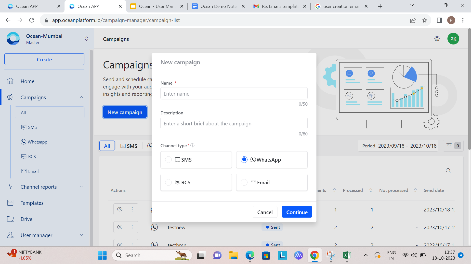 Create new WhatsApp campaign popup