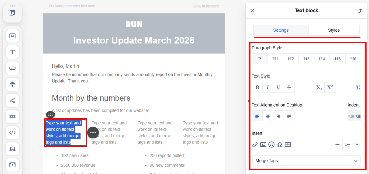 Configuring text in each block