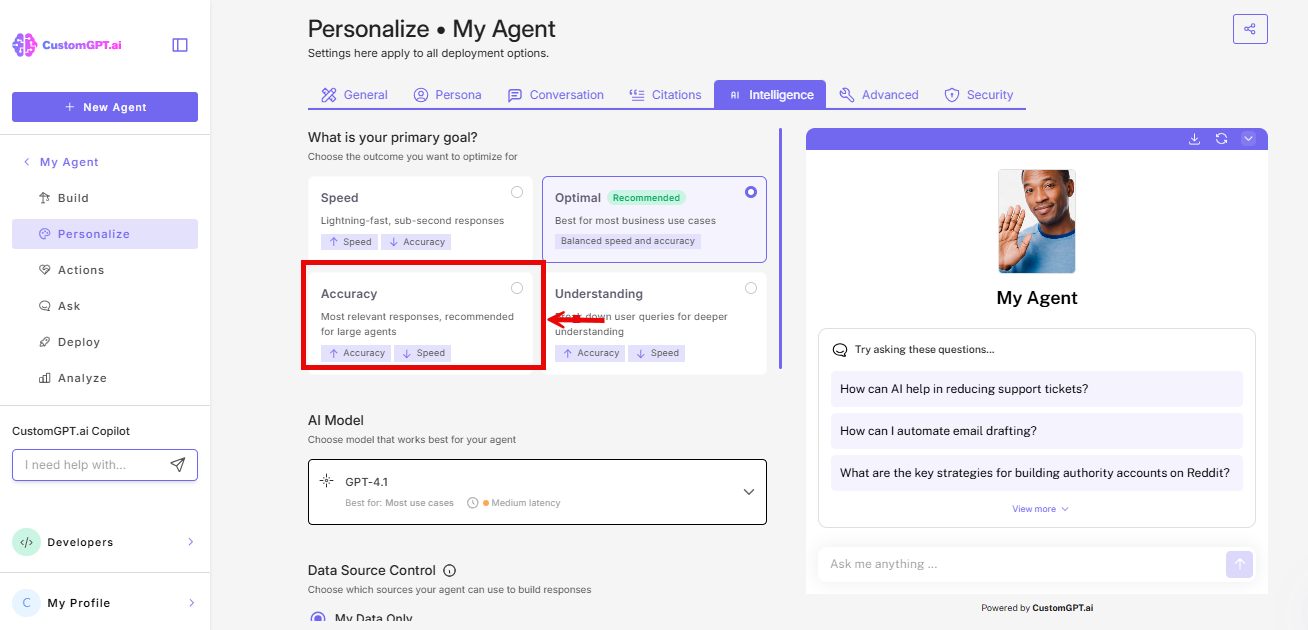 Screenshot: Accuracy card on Intelligence tab