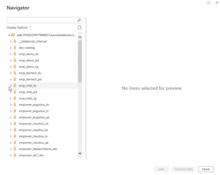 Use Power BI's navigator after authenticating to view available Unity Catalogs in Databricks.