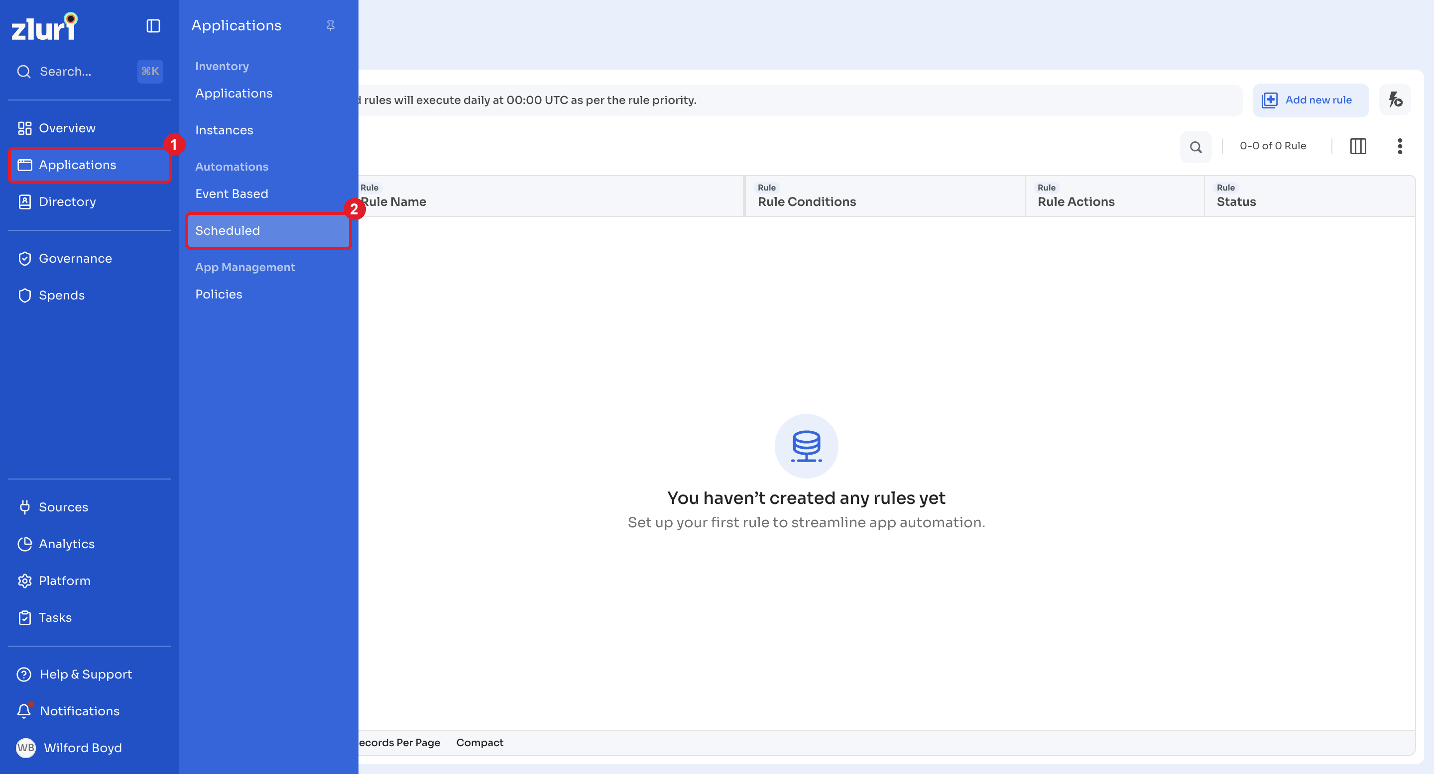 Applications menu with Scheduled selected under Automations