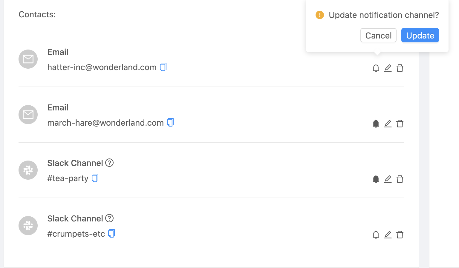 Contact methods demonstrating the notification channel selector