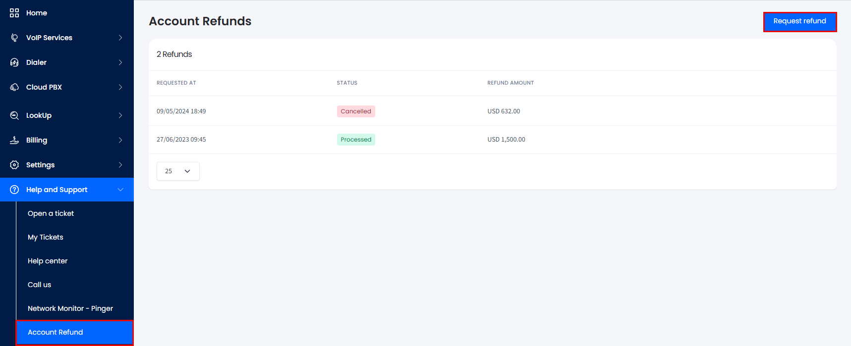 Screenshot of Account Refund in the main menu