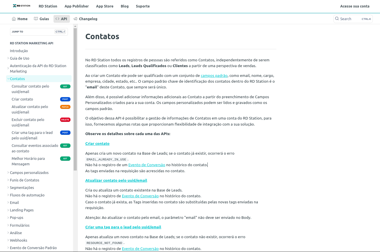 Imagem da página principal da API de Contatos no portal de desenvolvedor.