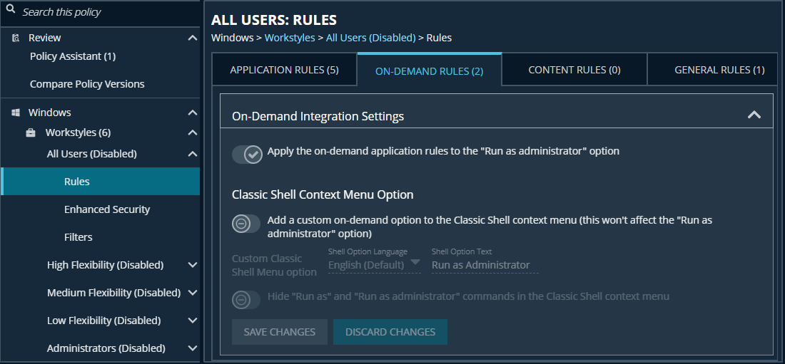 On-demand integration settings in the Policy Editor