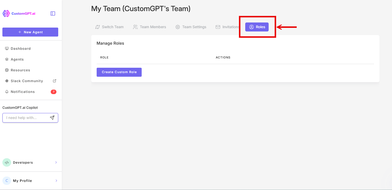 Screenshot: Roles tab inside Teams