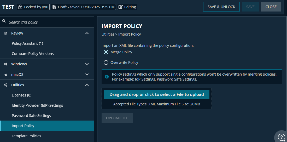 Import policy template file
