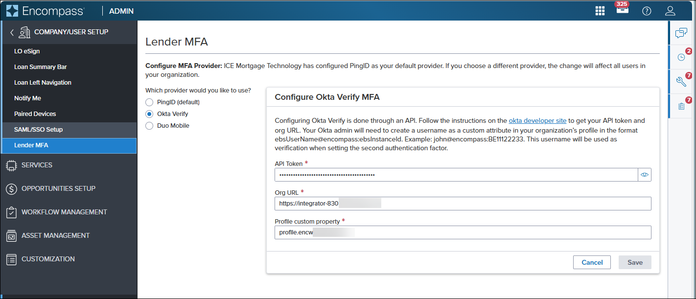 Web Lender MFA Settings